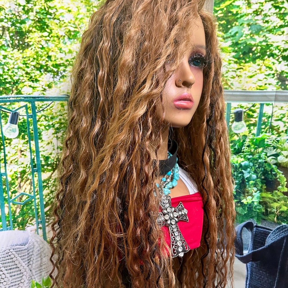 Human Hair Blend Brown Water Wave 28 Long Wig